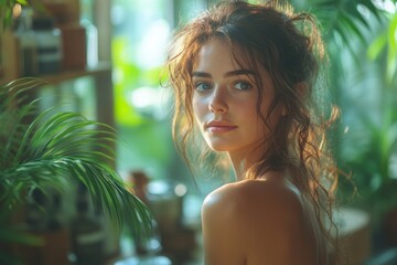 Woman Smiling While Applying Skincare Moisturiser in Bright Bathroom with Greenery