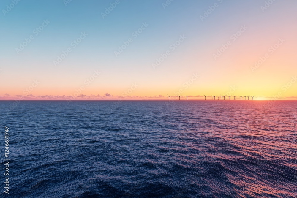 Poster aerial view captures an offshore wind farm featuring a row of turbines against a serene blue ocean. 