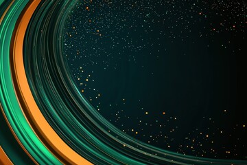 Obraz premium A vibrant abstract design with swirling green and orange lines against a dark background, sprinkled with tiny glowing particles.
