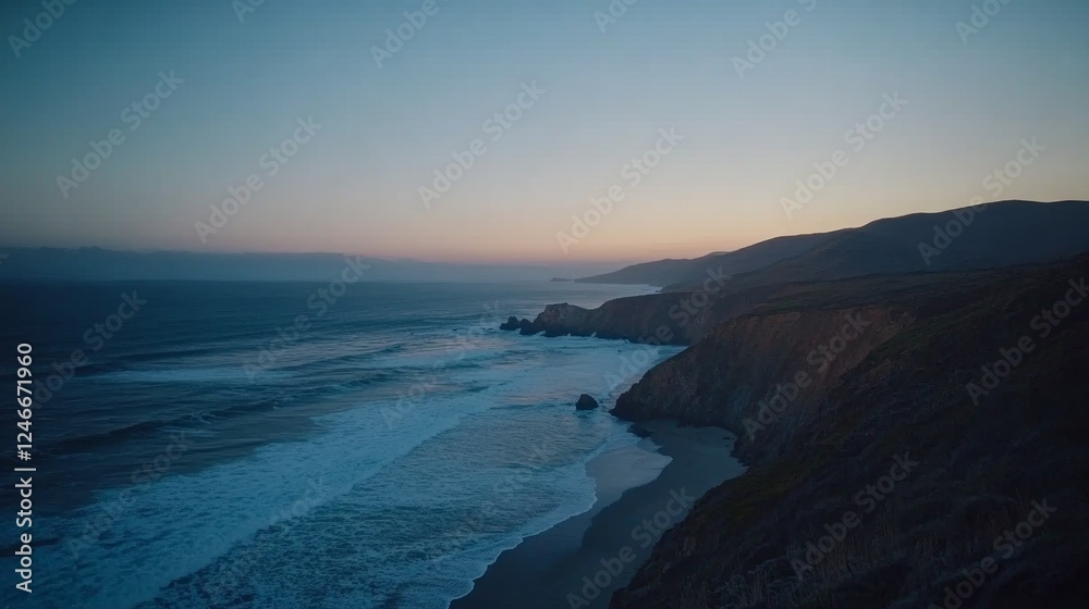Poster aerial view captures the deep blue ocean waves softly crashing against the shore, showcasing a seren