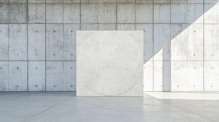 Obraz premium Concrete room, circular panel, sunlight, mockup