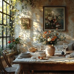 Obraz premium Cozy Dining Area with Rustic Table and Elegant Dinnerware Under Warm Light