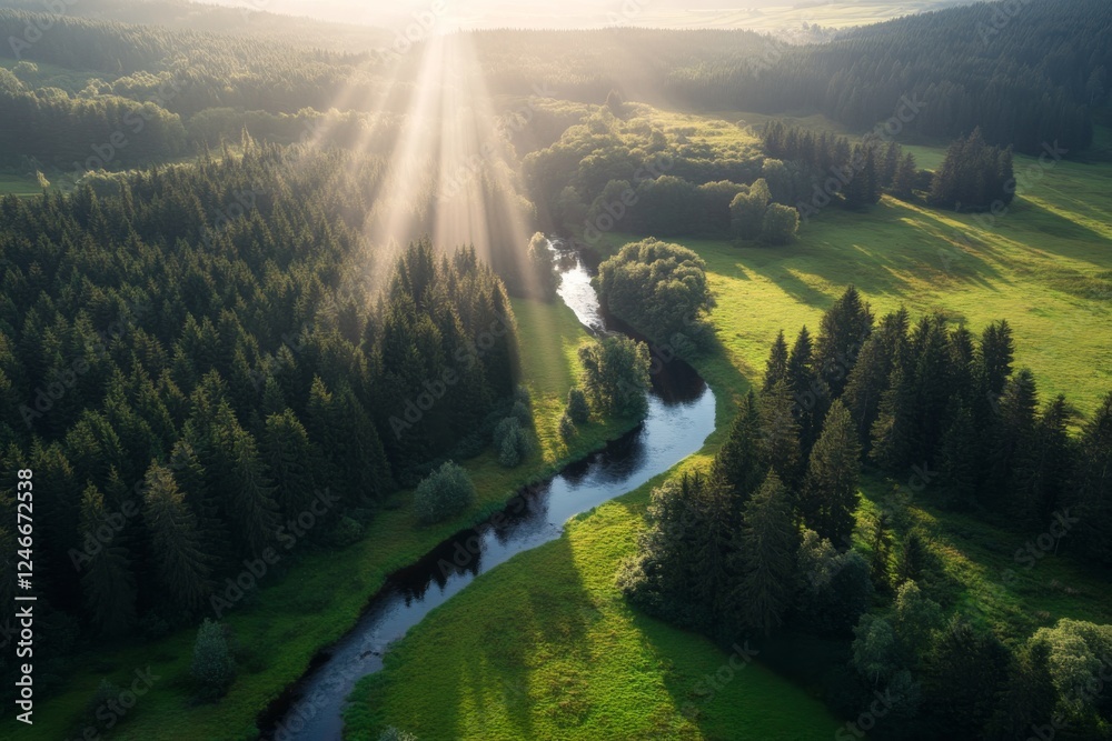 Poster golden hour sunlight streams through trees, highlighting a winding river nestled in a lush forest, c