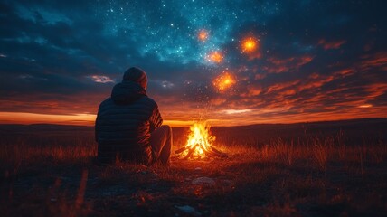 An elder sitting by a campfire, telling a fairy tale to wide-eyed children under a starry sky