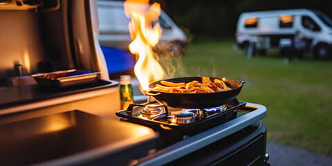 Cooking over an open flame while camping at dusk