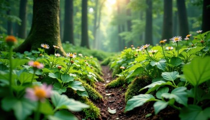 Obraz premium The forest floor is carpeted with ferns and wildflowers, ferns, wildflowers