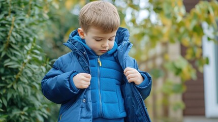 Kids practical life skills. A young boy wearing a blue jacket adjusts his coat outdoors in a natural setting.