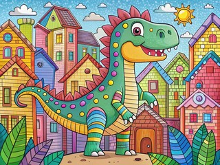 Cheerful Dinosaur Coloring Page: Fun Architectural Design for Kids