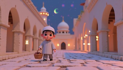 Adorable Boy Carrying Dates at Night Ramadan Scene