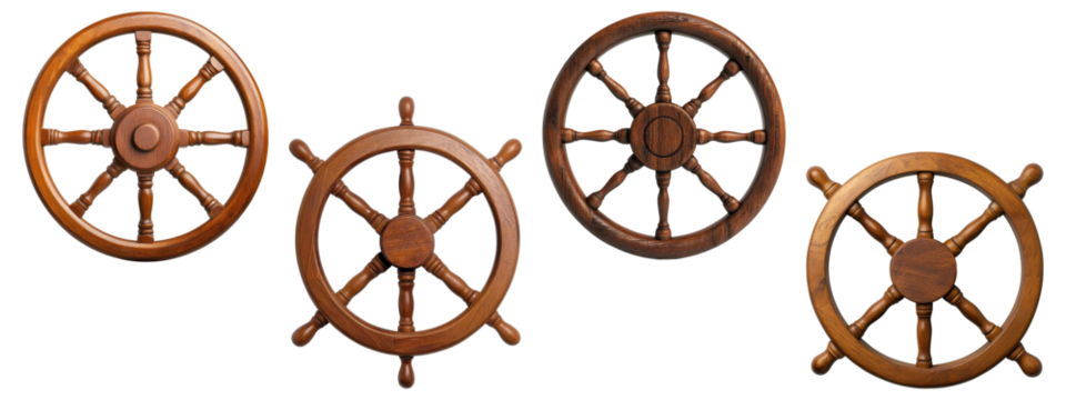 Set of wooden ship steering wheels, isolated on transparent background