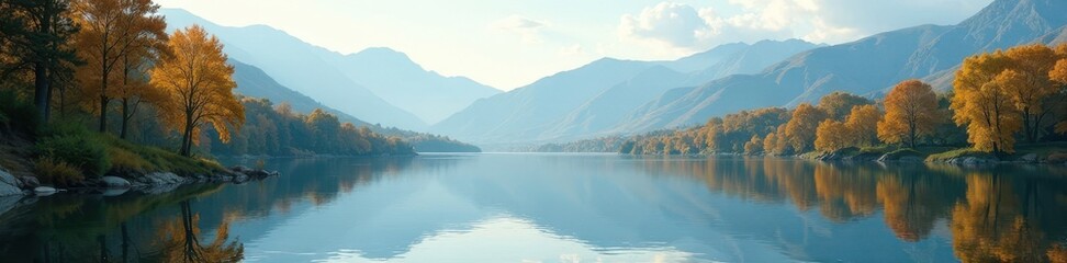Distant riverbank with reflected trees and distant mountains, gentle ripples on water's surface , reflection, river