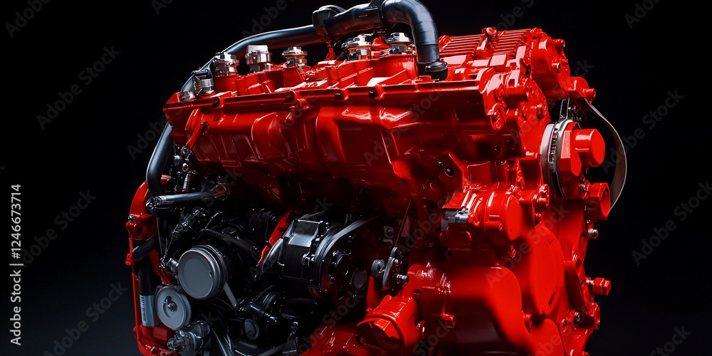 Poster bright red engine displayed on a black background