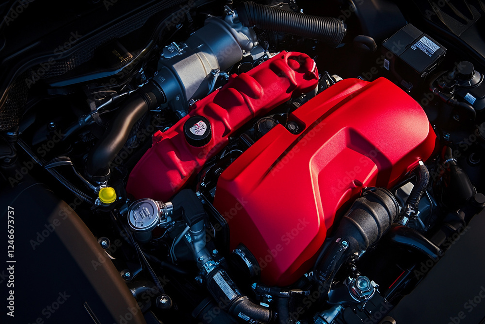 Aufkleber engine components highlighted in vibrant red color