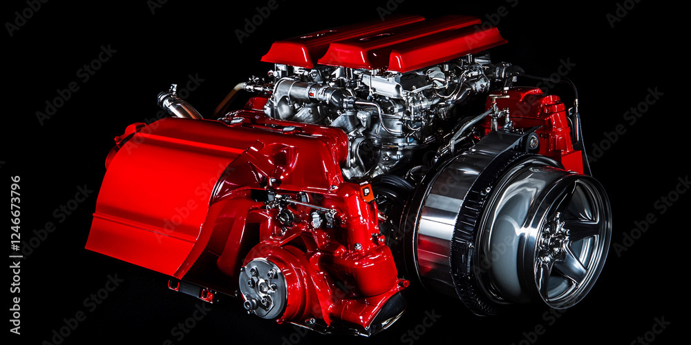 Poster bright red turbo engine displayed on a black background