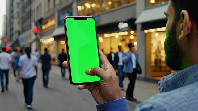 Man navigating busy city street using smartphone with green screen display
