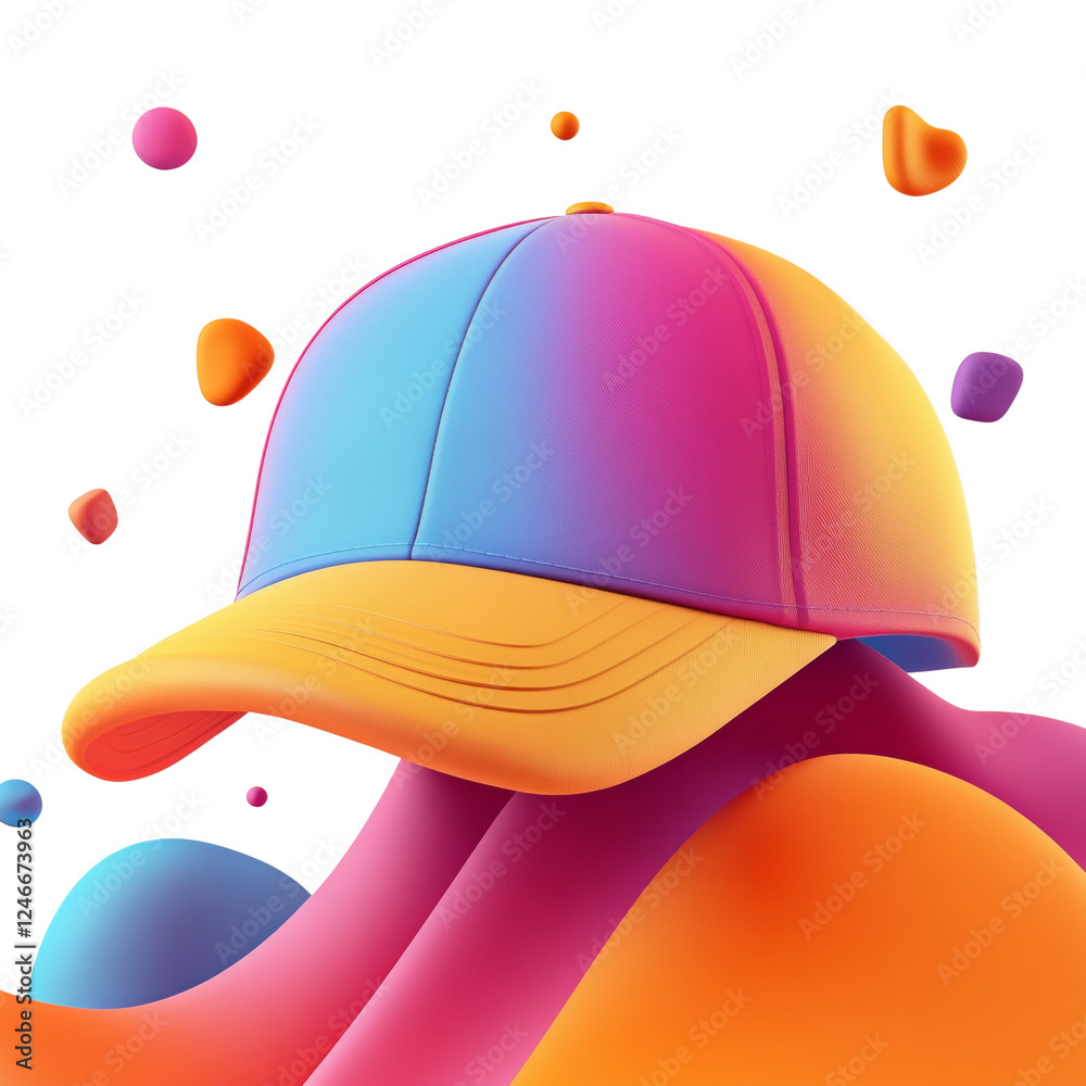 Aufkleber A vibrant gradient baseball cap rests on an abstract background of flowing colorful shapes.