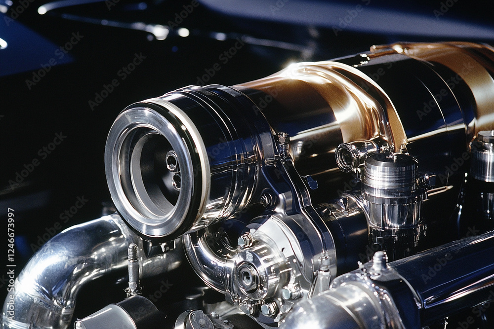Poster Close-up view of a polished engine component in a workshop