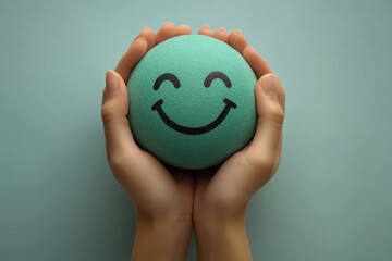 Hands Holding Green Smile Face Paper Cut Representing Happiness in Mental Health Awareness and Positive Feedback Concepts