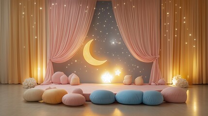 Pastel-themed cute kindergarten stage decorated with fluffy clouds and soft rainbow backdrops,...