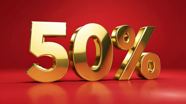Golden 50 percent symbol on red background reflecting promotional discount theme. 50% shopping sale