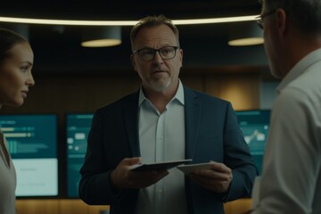 Team members review cybersecurity metrics and strategies in a boardroom setting, illuminated by soft lights while digital displays showcase critical data