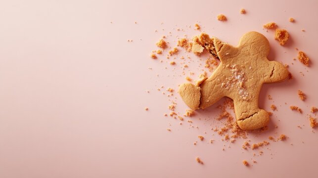 Overhead close-up of a broken gingerbread man cookie with jagged edges resting on a pastel pink surface, surrounded by scattered crumbs, evoking holiday fun