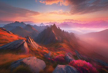 Obraz premium detailed mountain peaks with atmospheric lighting 