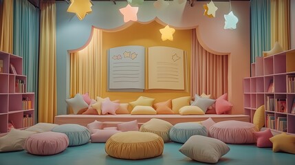 Pastel-themed cute kindergarten stage decorated with fluffy clouds and soft rainbow backdrops,...