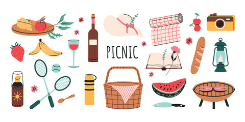 A picnic set, hand-drawn on a white background. Vector illustration