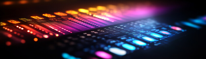 A vibrant audio mixer with colorful controls glowing in the dark, showcasing creativity.