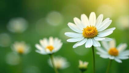 Delicate white marguerite flowers sway gently in the breeze, gentle, marguerite