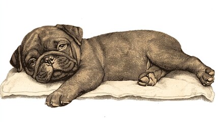 Obraz premium Adorable Bulldog Puppy Sleeping on Soft Pillow Cozy Home Setting Animal Illustration Warm Atmosphere Close-Up View Peace and Relaxation