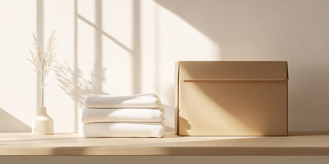 Minimalist Natural Light Wooden Shelf with Donation Box and White Linens