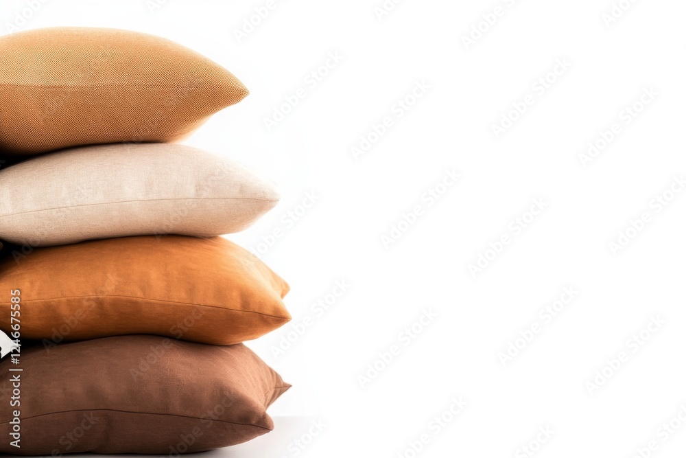 Poster Decorative pillows featuring neutral tones and subtle textures are stacked creatively for design applications, offering copy space on the right for customization