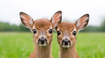 Fototapeta premium Twin fawns in field, nature background, wildlife