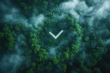 Aerial View of a Lush Forest with a Cloud Checkmark Symbol Over a Crystal Clear Pond