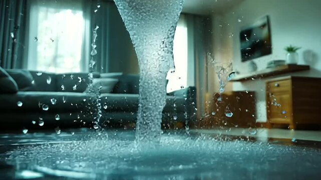 A dramatic image of a ceiling pipe bursting, sending water cascading down like a waterfall onto furniture, highlighting the devastating impact of unchecked leaks.