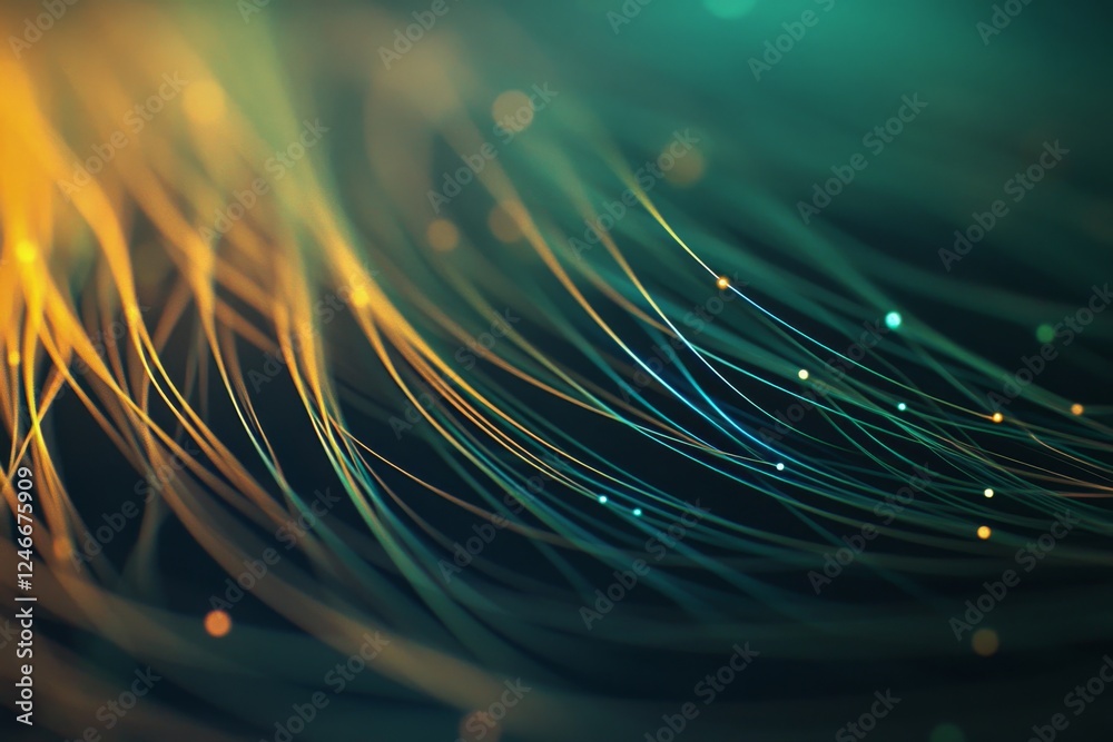 Poster An abstract digital web features glowing green and blue strands connecting geometric nodes, creating a vivid contrast against a deep black gradient backdrop