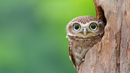 Curious Little Owl Peeking from Tree Hollow in Vibrant Green Nature Background