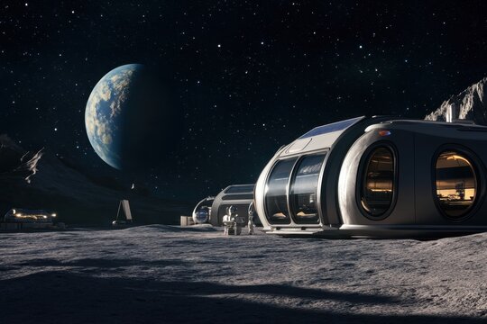 Exploring futuristic lunar habitats under a starry sky with Earth in the background