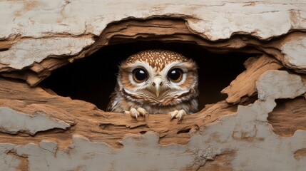 Cute Owl Nestled in Tree Bark, Large Eyes, Surprising Expression, Nature Close-up