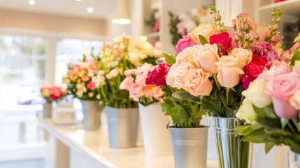 Beautiful arrangement of pink and white roses in a flower shop with bright, inviting atmosphere