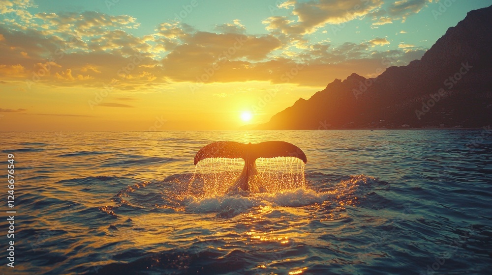 Poster a magnificent whale tail breaks the surface of the ocean at dawn, sending up droplets that shimmer i