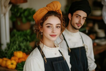 Smiling Chefs in Rustic Kitchen with Fresh Produce and Stylish Attire
