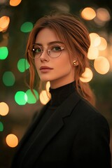 Elegant Young Woman in Glasses with Bokeh Lights Background