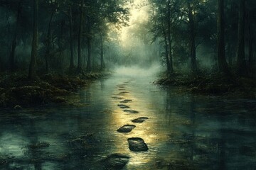 Fototapeta premium Impact of Human Activity on Forest Landscape with Oversized Water Footprints and Mystical Atmosphere
