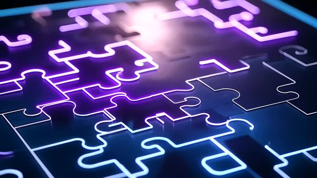 A futuristic AI interface displays animated puzzle pieces aligning perfectly, glowing with blue and purple neon light, symbolizing seamless machine learning integration.