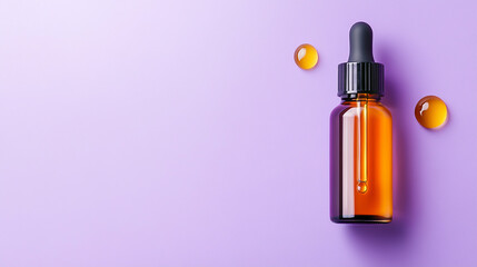 Obraz premium Amber dropper bottle on a purple background, ideal for cosmetic or herbal products.