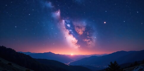 Fototapeta premium Vast night sky, countless stars, panoramic view, ethereal, cosmic, wide