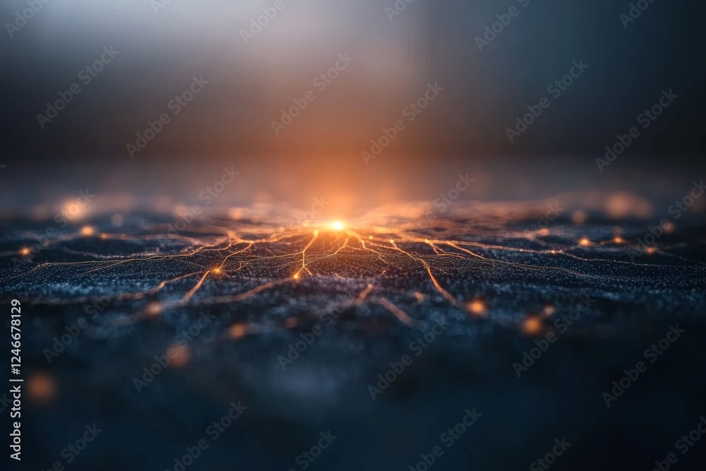 Leinwandbilder Futuristic neural network with glowing blue synapses and vibrant orange sparks, highlighting advanced technology in an abstract design
